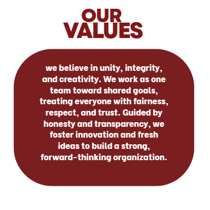 Three sections labeled 'Our Mission', 'Our Vision', and 'Our Values' on a white background with red text boxes.